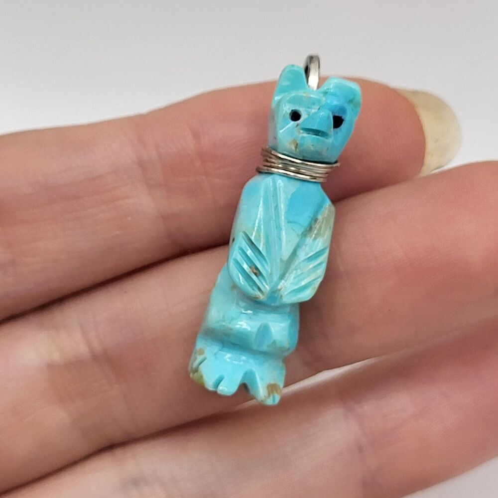 Native Sterling Silver Carved Turquoise Bear Totem Pendant 1.3in